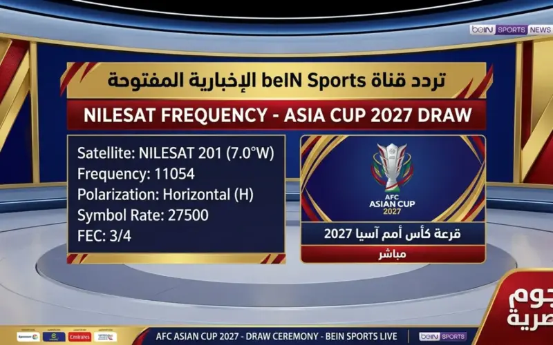 اخبارك نت | تردد قناة beIN Sports الإخبارية المفتوحة على نايل سات الناقلة لقرعة كأس امم آسيا 2027